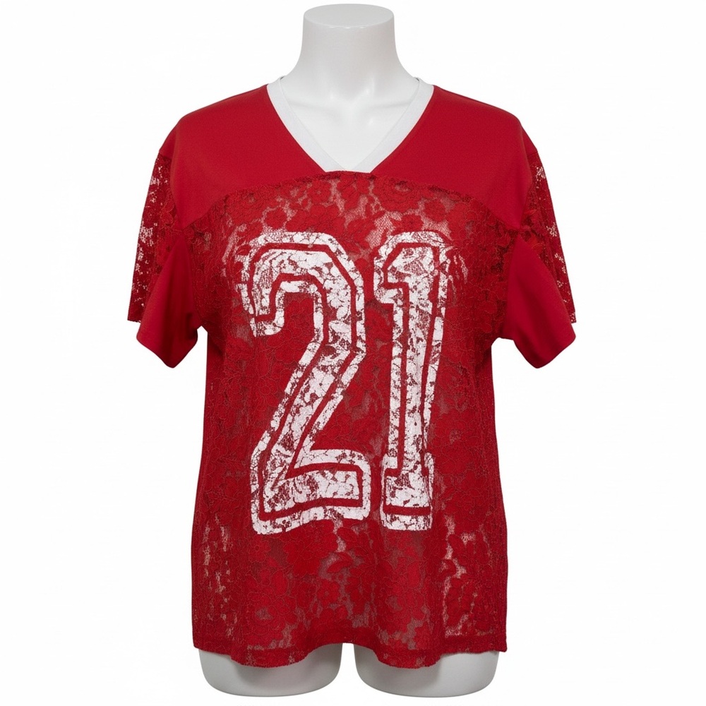 Red Lace V-Neck Jersey with White '21' Graphic
